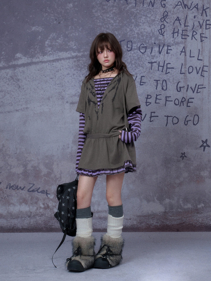 Grunge Layered Hooded Mini Dress
