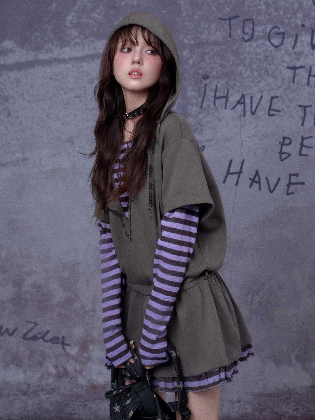 Grunge Layered Hooded Mini Dress