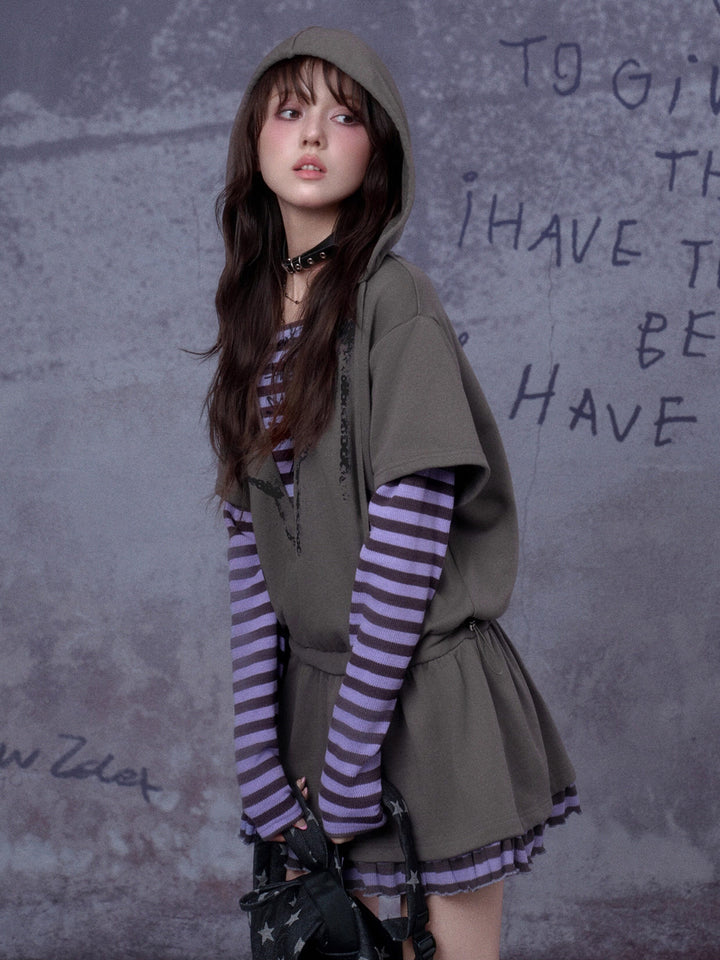 Grunge Layered Hooded Mini Dress