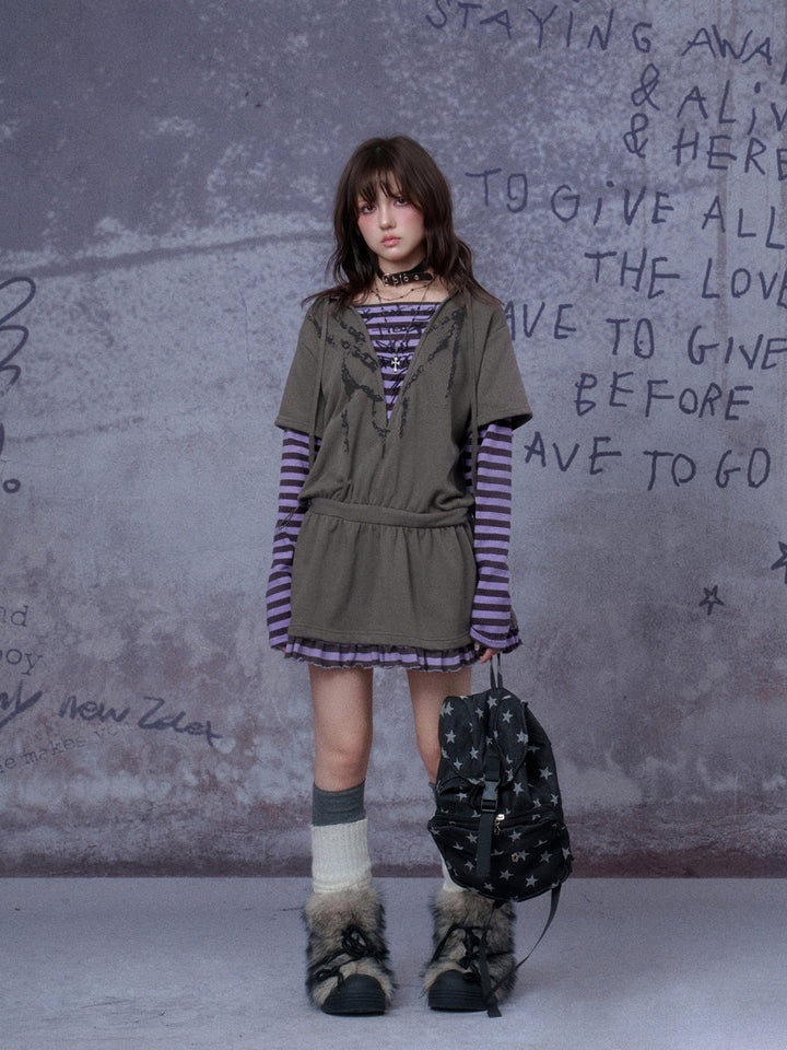 Grunge Layered Hooded Mini Dress