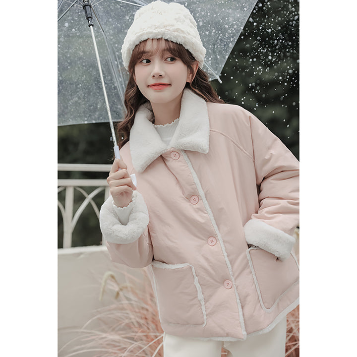 Thickened Pink Short Cotton Padded Coat for Autumn Winter