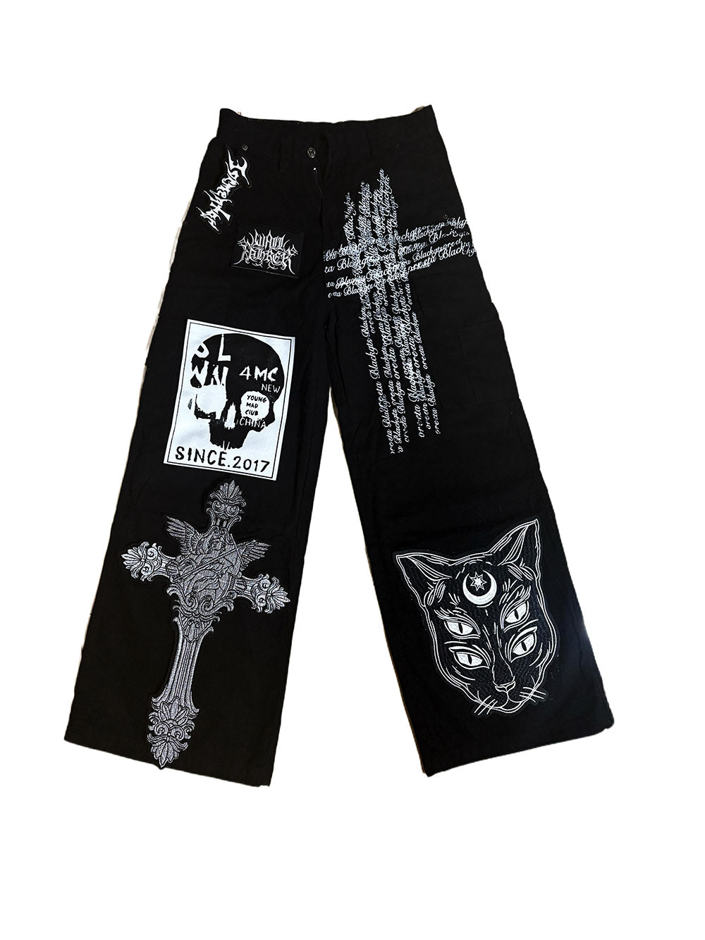 Black Gothic Cat Cross Cargo Pants