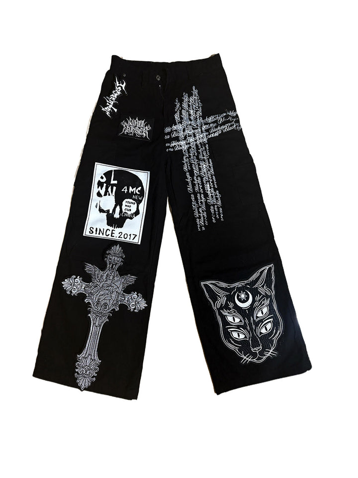 Black Gothic Cat Cross Cargo Pants