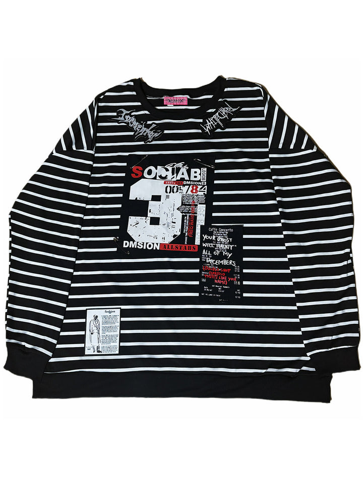 Black Striped Graphic Oversized Long Sleeve T Shirt