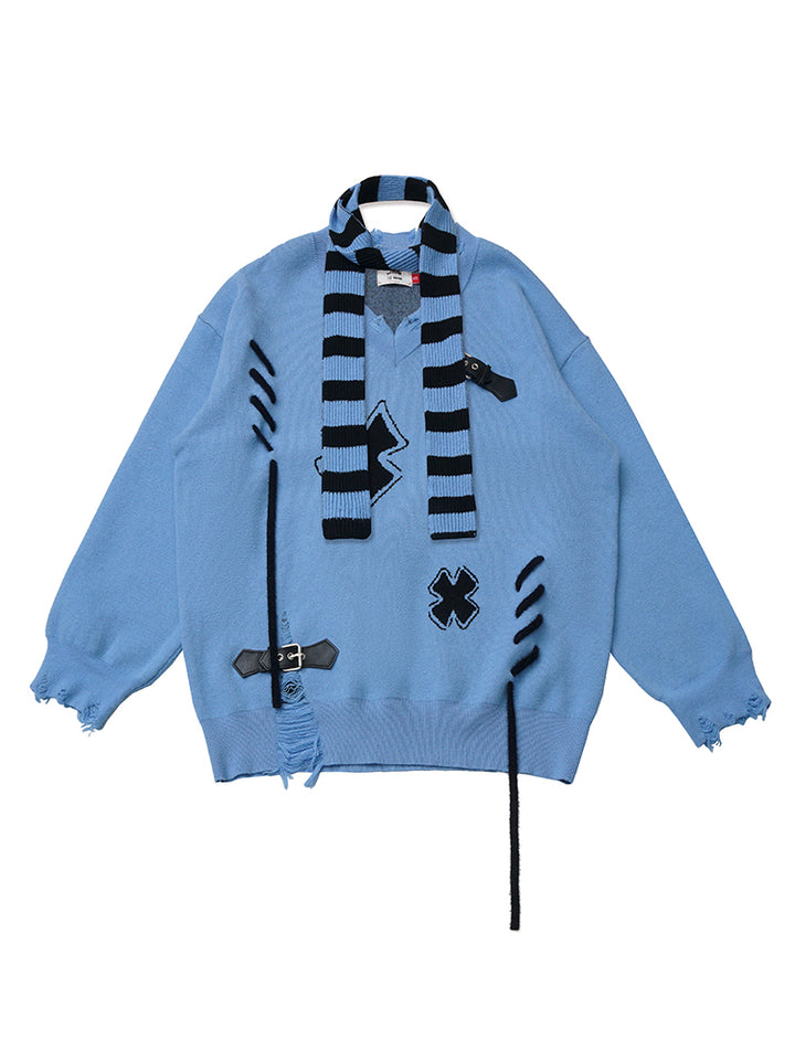 Grunge Distressed Cross Knit Sweater