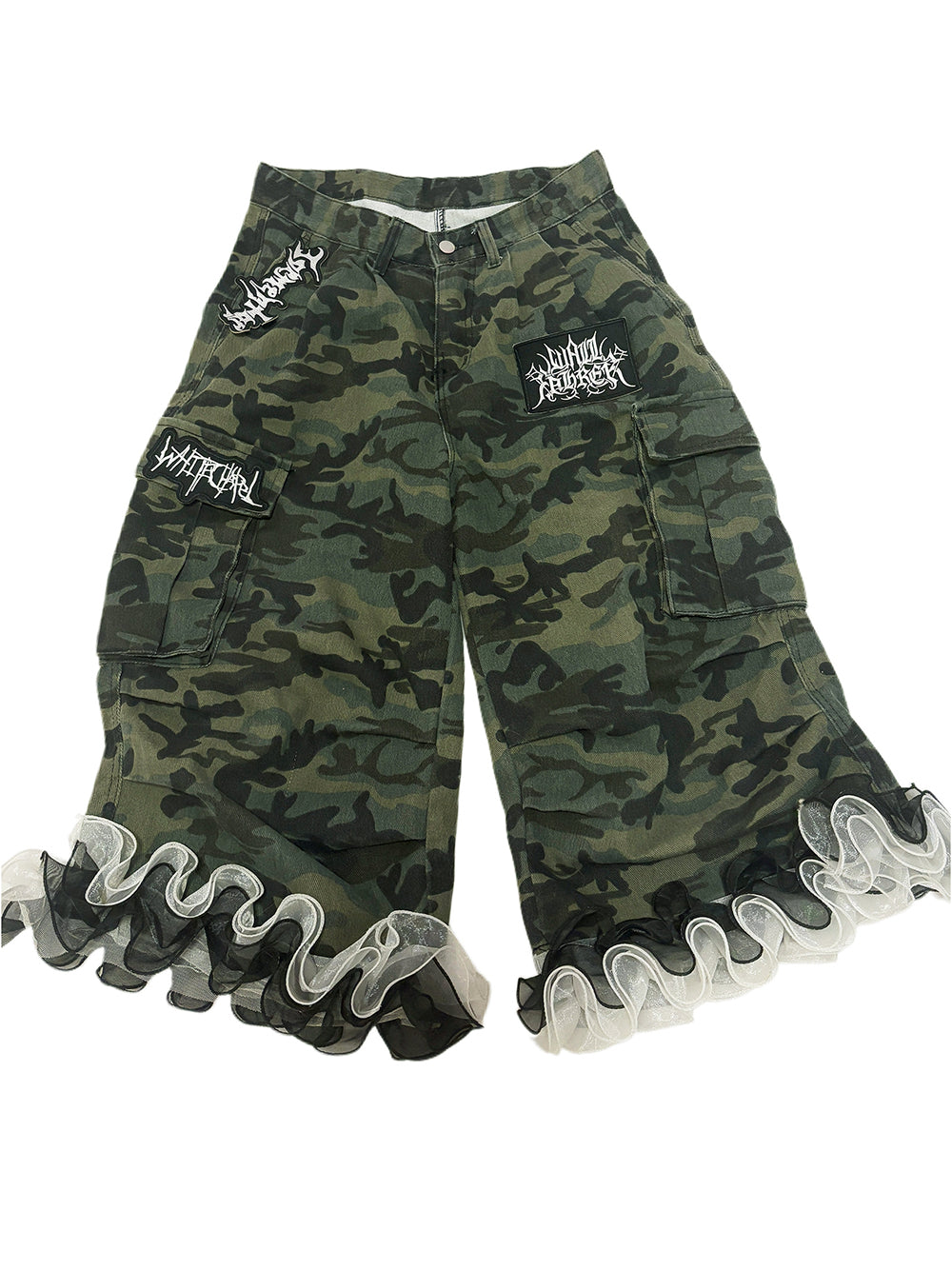 Camo Ruffle Hem Cargo Pants