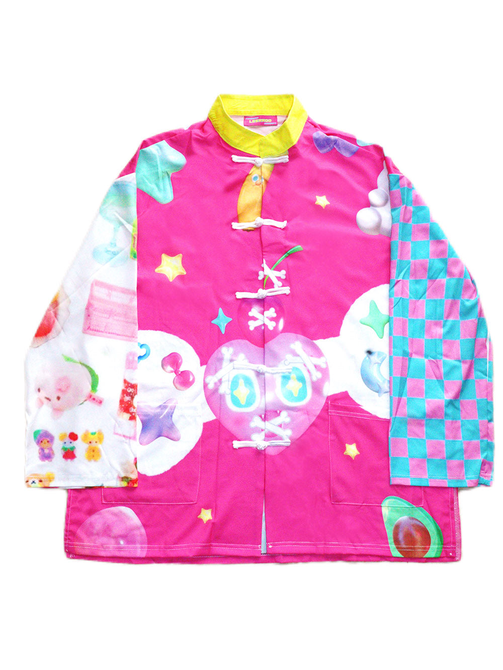 Pink Checkerboard Graphic Mandarin Collar Jacket