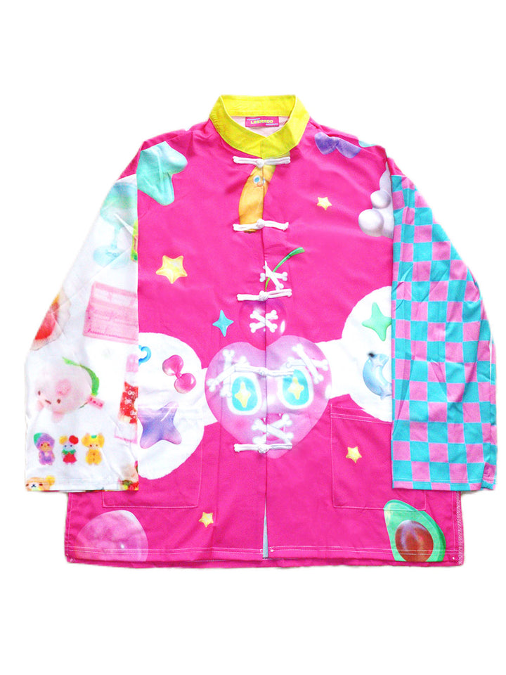 Pink Checkerboard Graphic Mandarin Collar Jacket