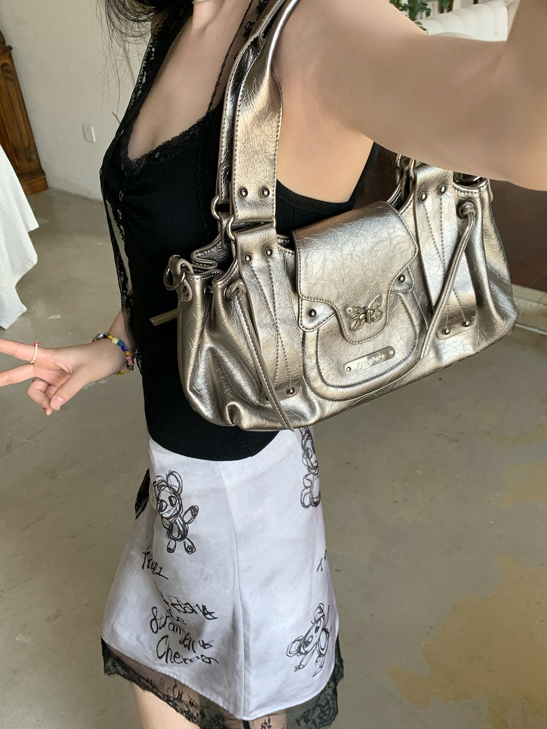 Y2K Metallic Silver Butterfly Biker Shoulder Bag