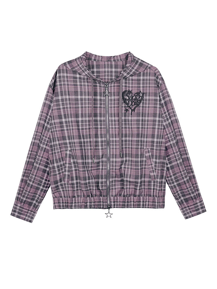 Jirai Plaid Star Zip Up Hoodie Jacket