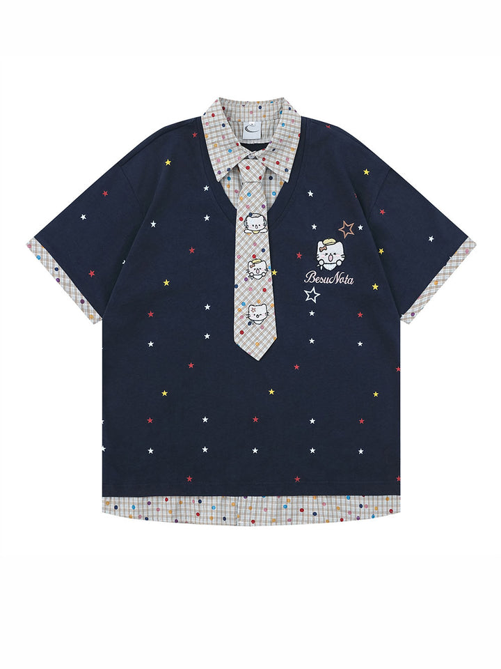 Star Print Collar Tie T Shirt