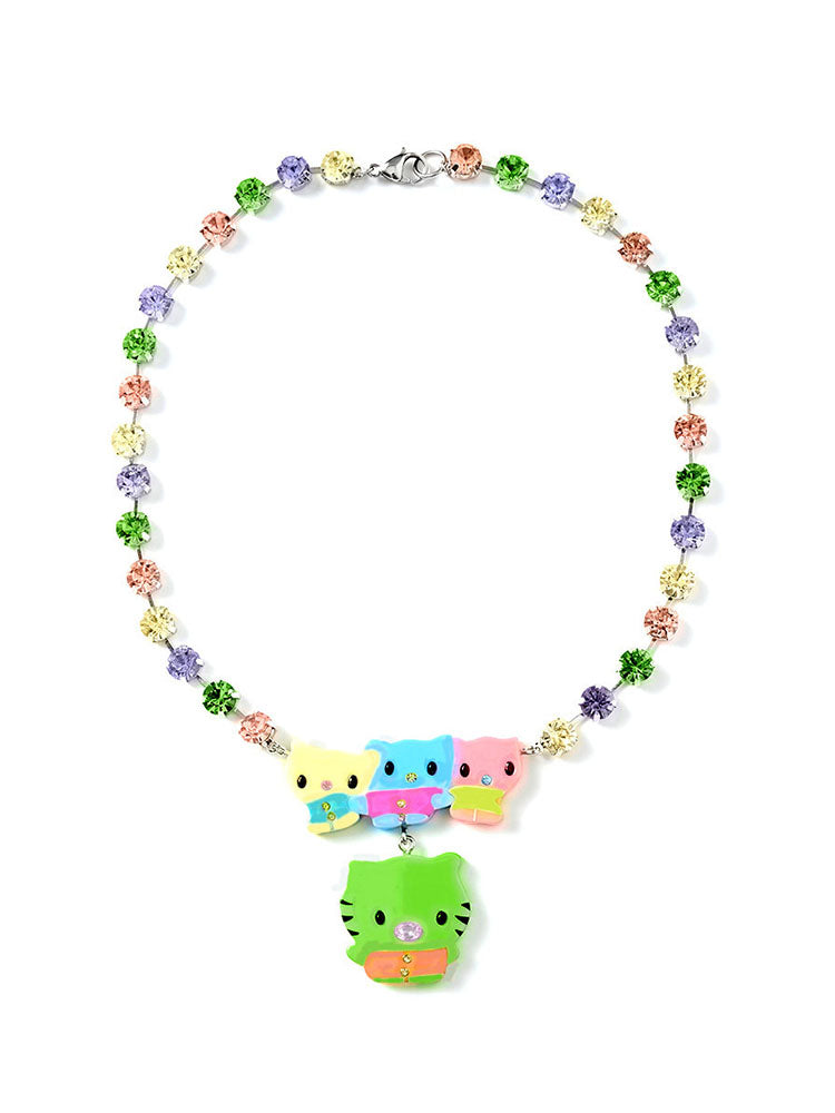 Pastel Kitty Rhinestone Necklace / Earrings