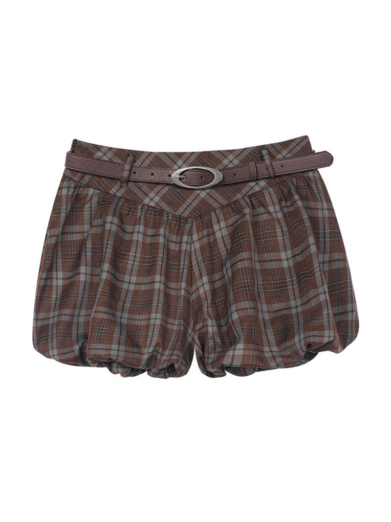 Brown Plaid Belted Bubble Mini Skirt