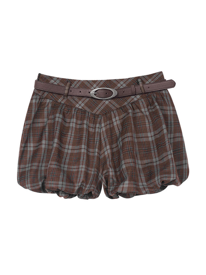 Brown Plaid Belted Bubble Mini Skirt