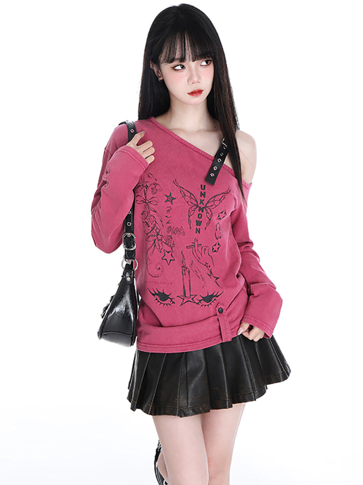 Spring Autumn American-style Printed Off-shoulder Pink/Gray Sweatshirt
