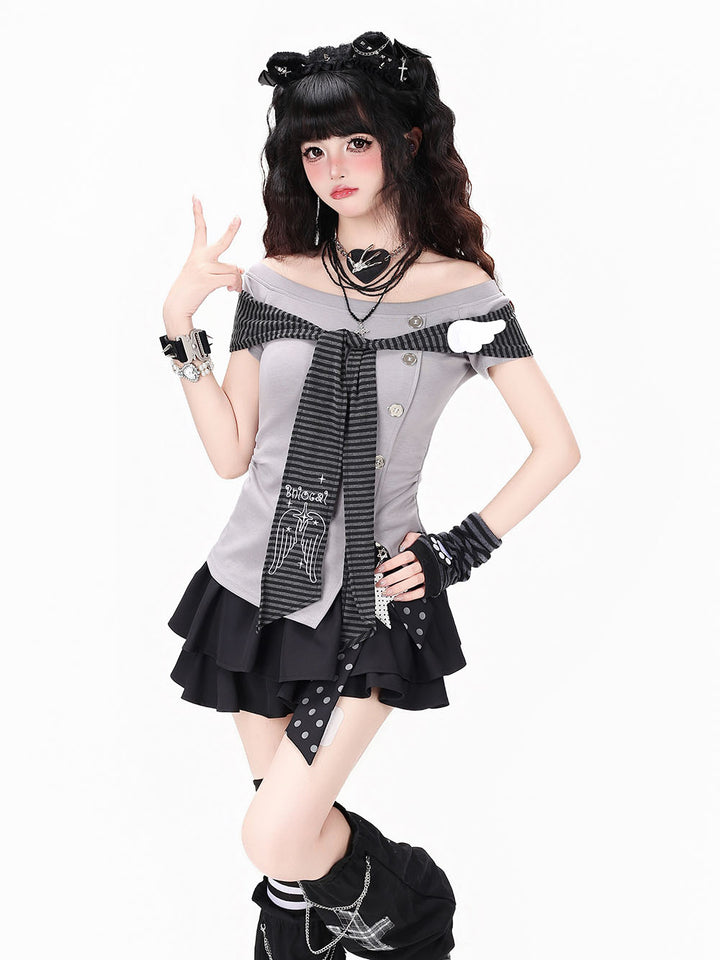 Striped Tie Off Shoulder T-Shirt