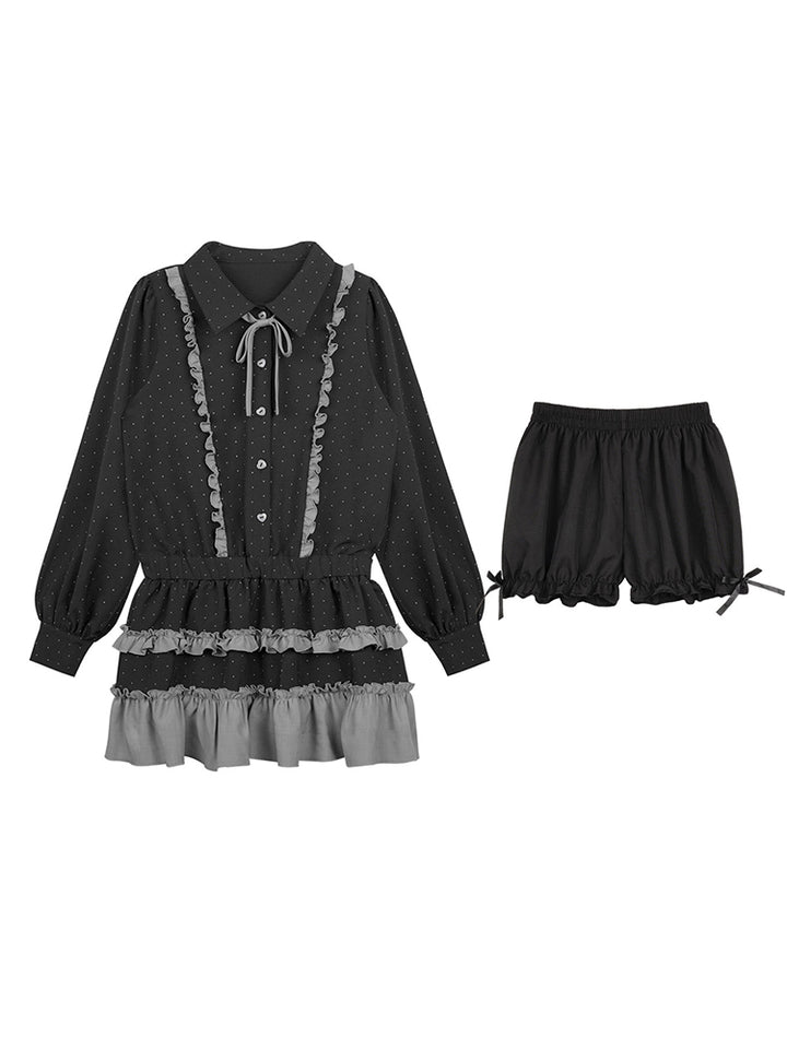 Dark Gray Polka Dot Ruffle Preppy Shirt Dress