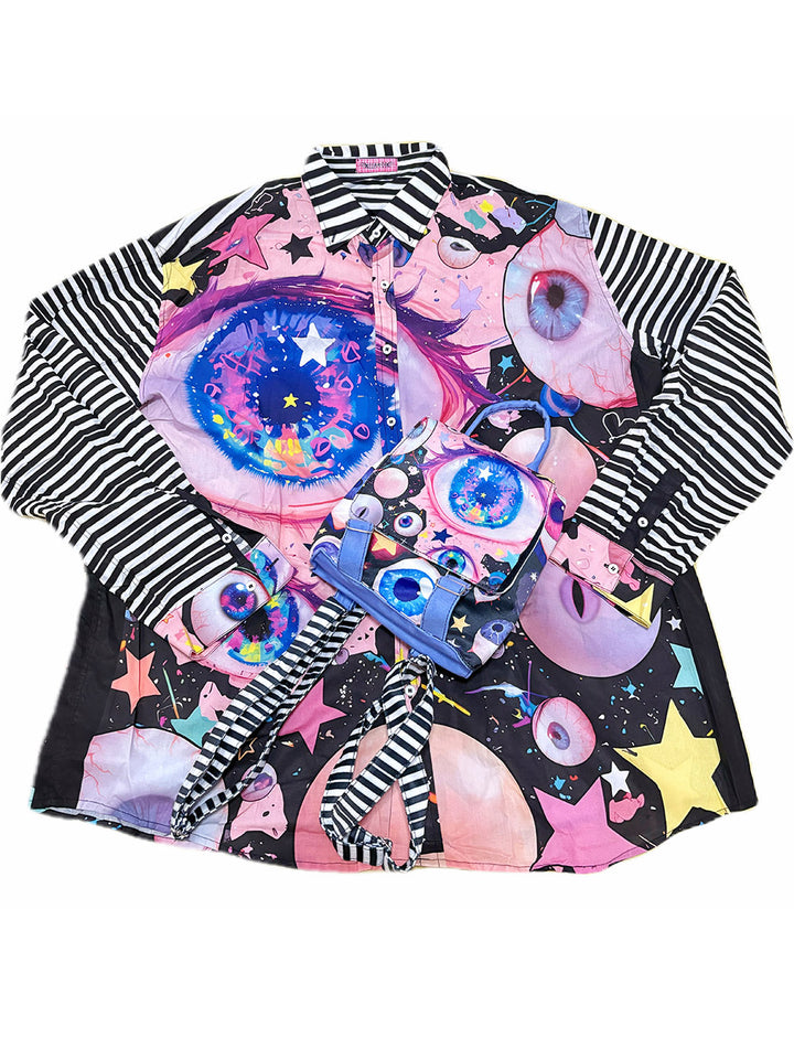 Pink Eyeball Graphic Striped Sleeve Shirt