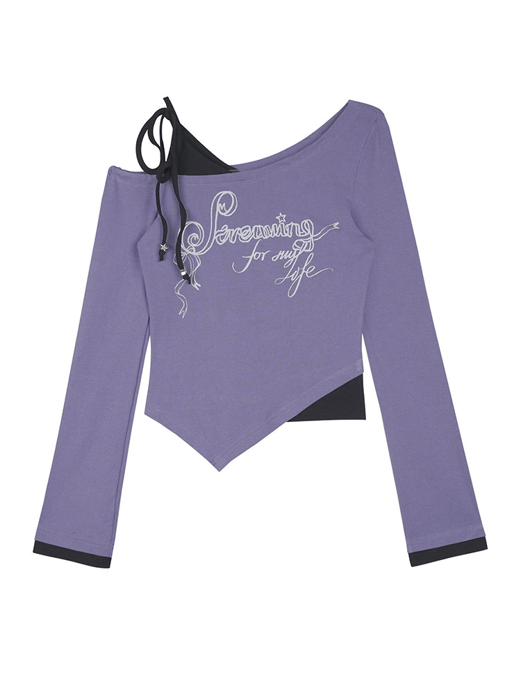 Purple Letter Print Layered Style Long Sleeve Top