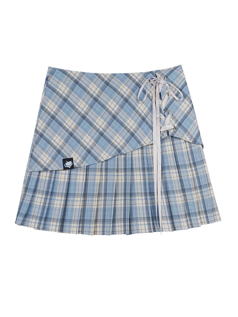 Blue Plaid Lace Up Pleated Skort
