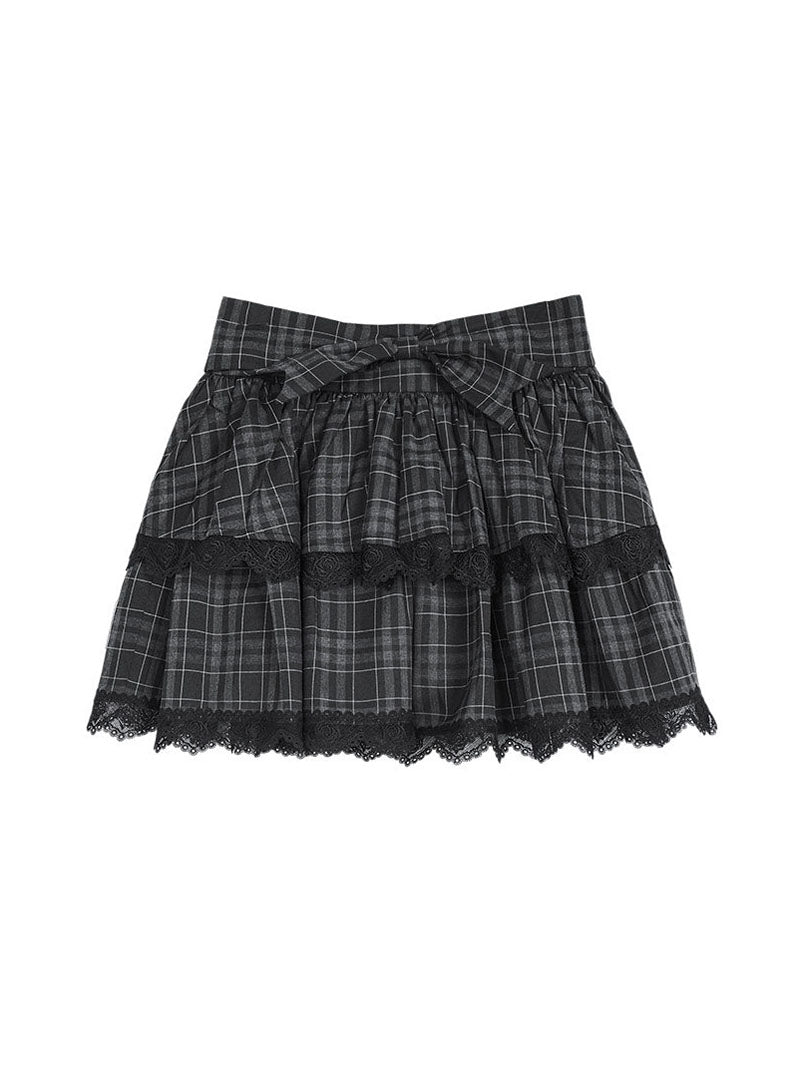 Gray Plaid Bow Lace Tiered Mini Skirt