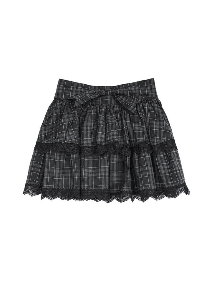 Gray Plaid Bow Lace Tiered Mini Skirt