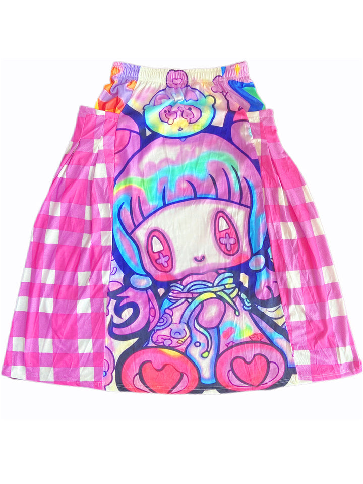 Pink Cartoon Gingham Panel Midi Skirt