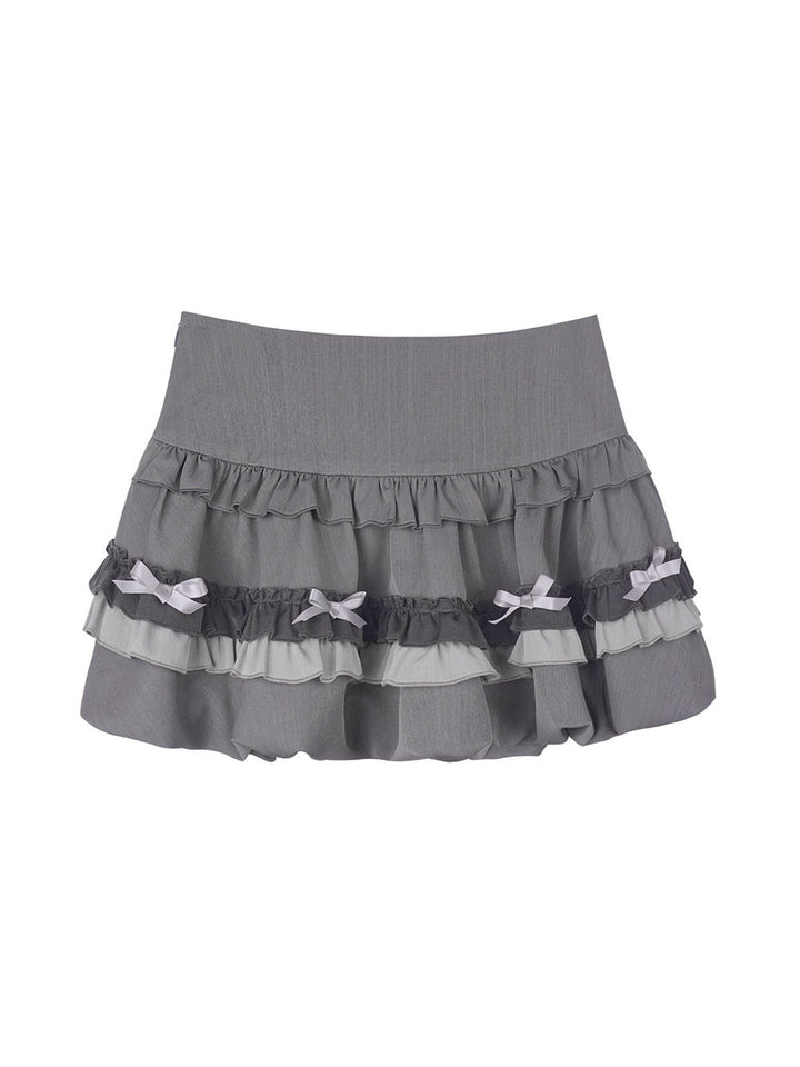 Gray Bow Ruffle Bubble Mini Skirt