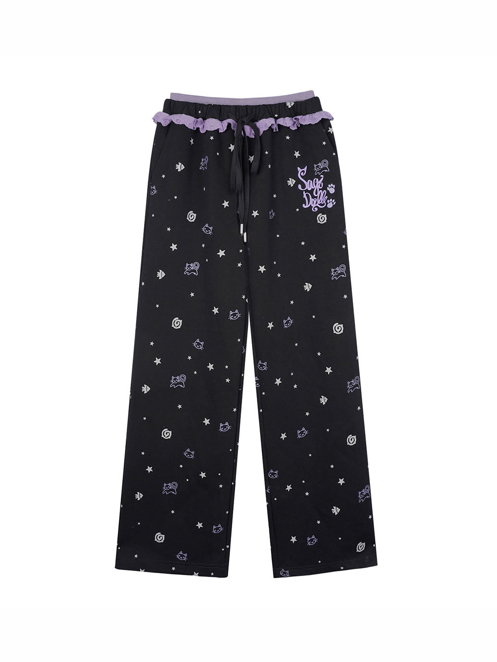 Black Cat Star Print Ruffle Wide Leg Pants