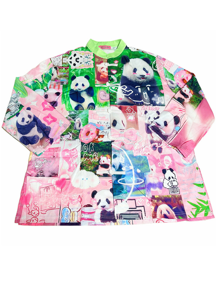 Pink Panda Collage Mandarin Collar Shirt