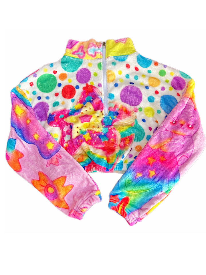 Pastel Star Print Fuzzy Half Zip Pullover