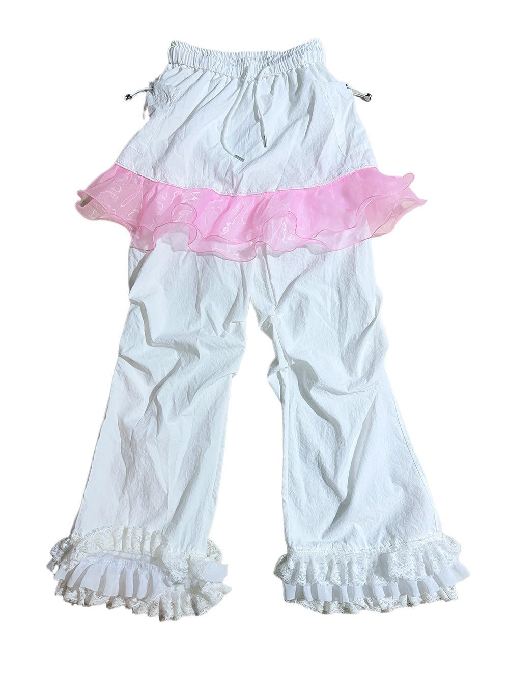 White Pink Ruffle Lace Wide Leg Pants