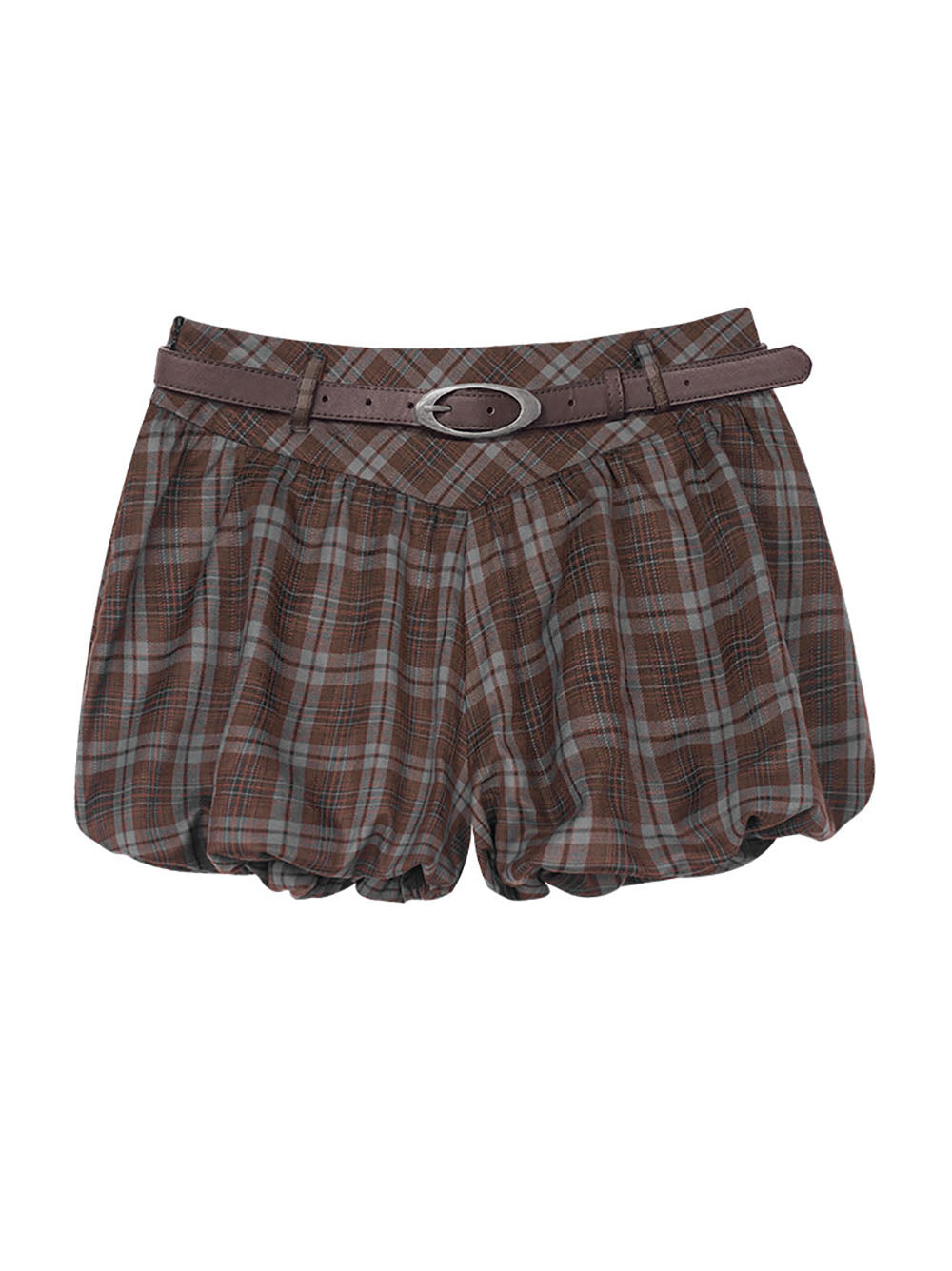 Brown Plaid Belted Bubble Mini Skirt