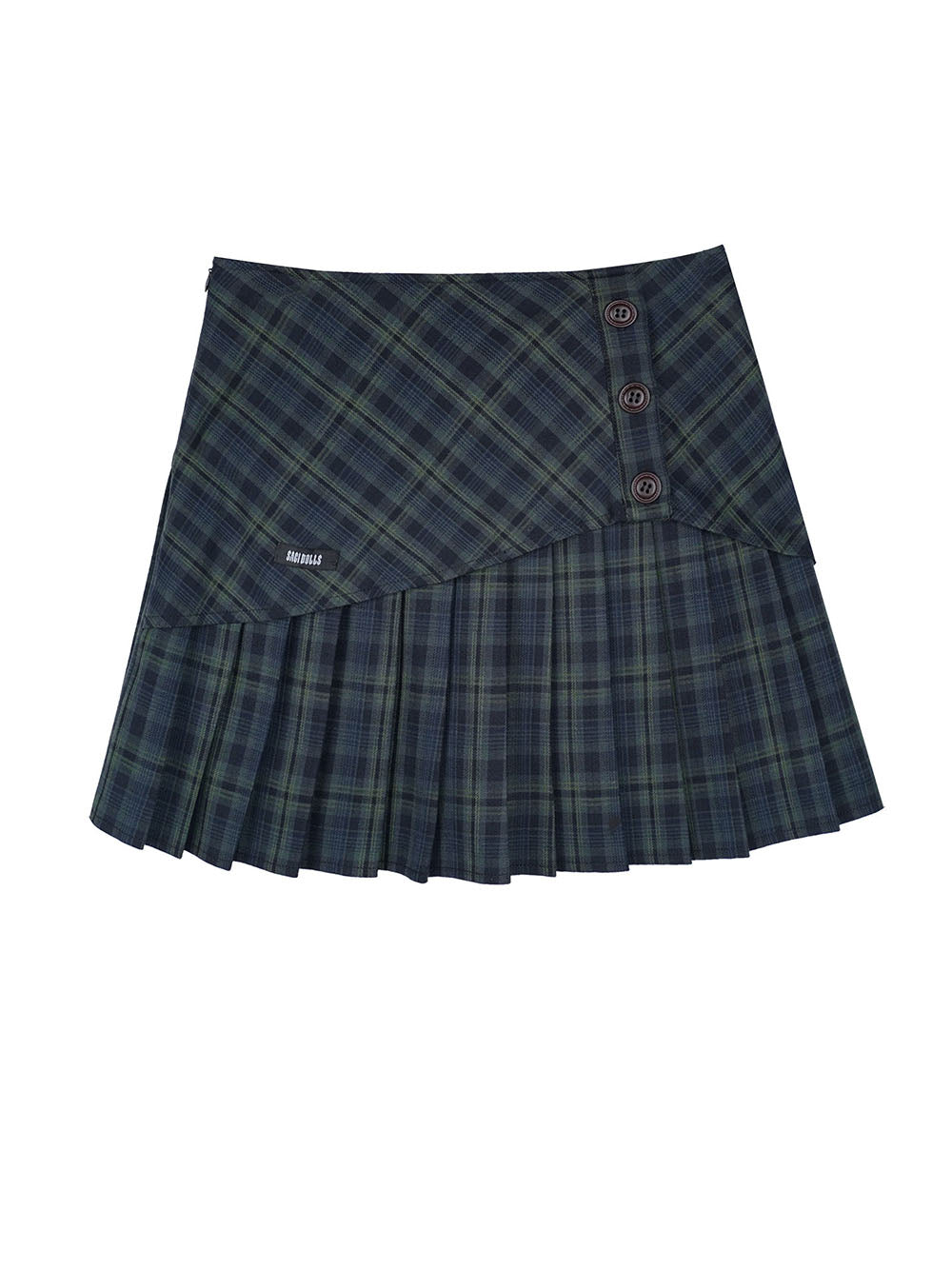 Dark Green Plaid Button Pleated Mini Skirt