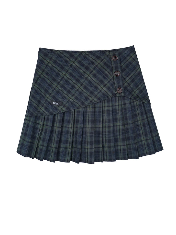 Dark Green Plaid Button Pleated Mini Skirt