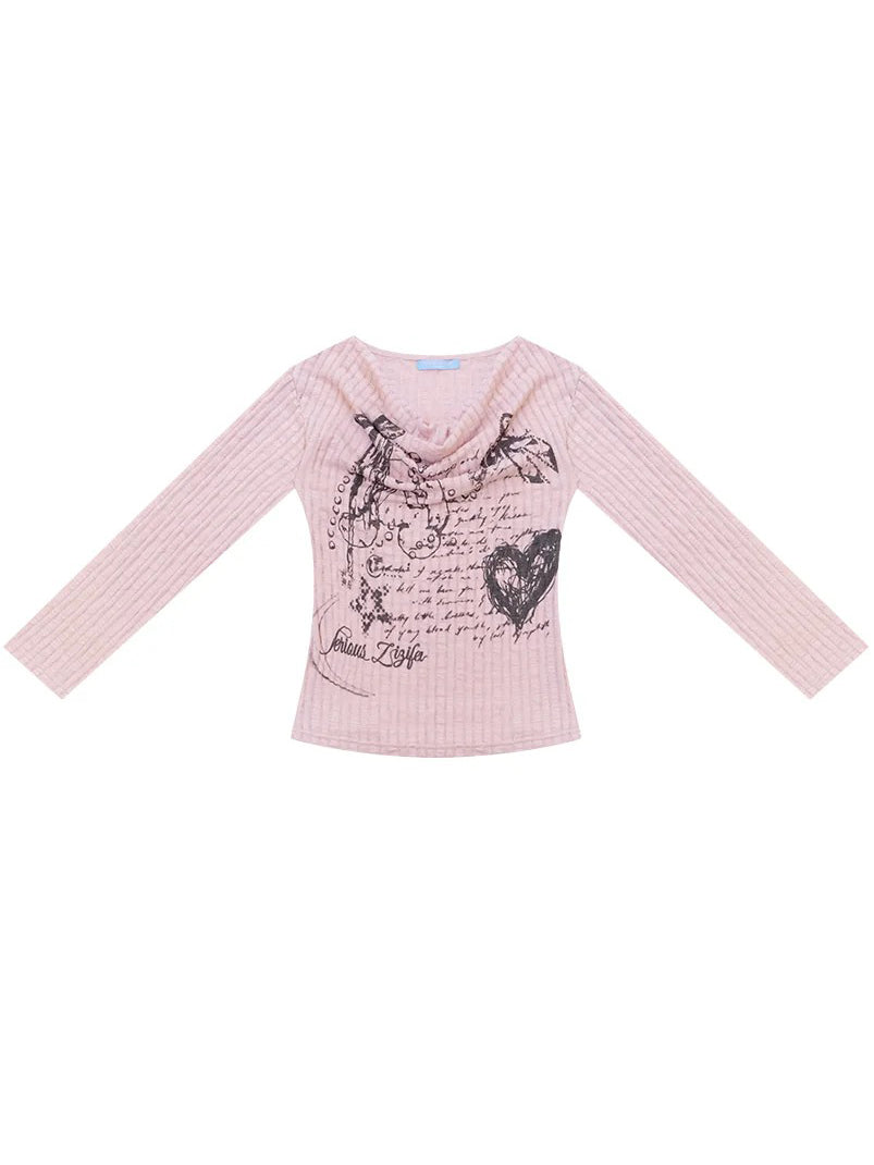 Graffiti Bunny Cowl Neck Knit Top