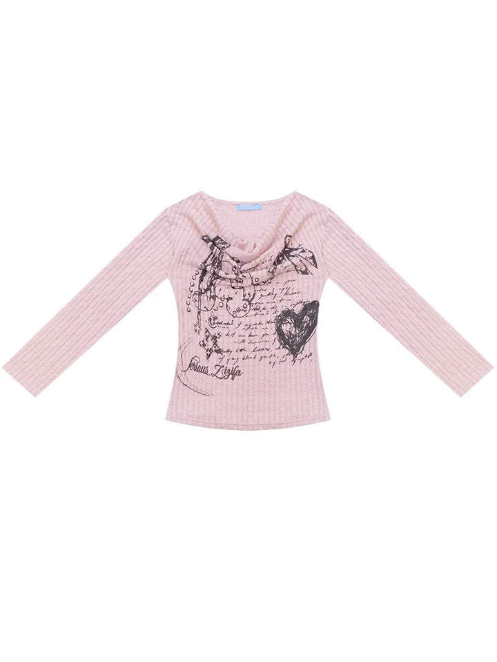 Graffiti Bunny Cowl Neck Knit Top