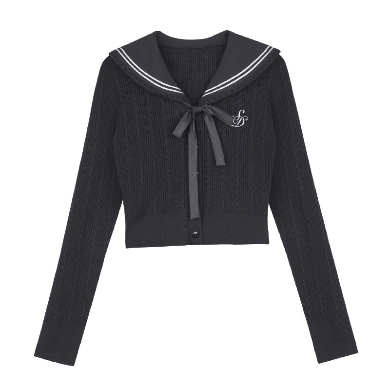 Black Sailor Collar Faux Two-Piece Knit Cable Sweater Cardigan