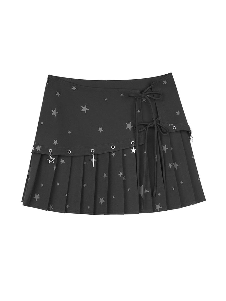 Black Star Charm Bow Pleated Mini Skirt