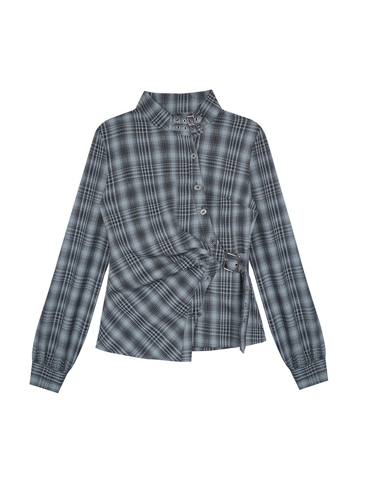 Grunge Asymmetric Plaid Buckle Neck Top