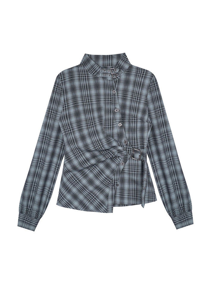 Grunge Asymmetric Plaid Buckle Neck Top