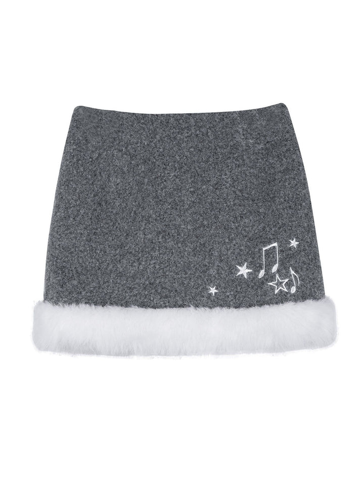 Gray Faux Fur Hem Embroidered Mini Skirt