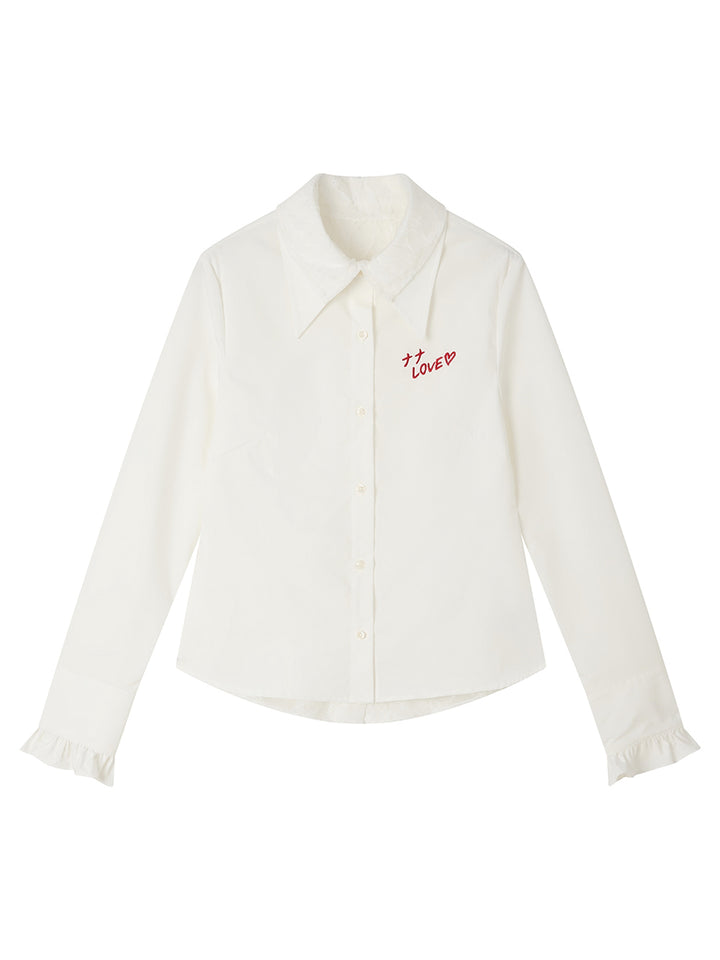 Love Embroidery Ruffle Cuff Button Blouse