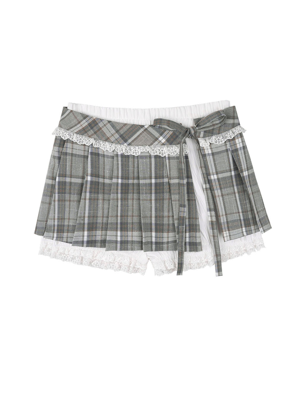 Gray Plaid Lace Trim Pleated Mini Skirt