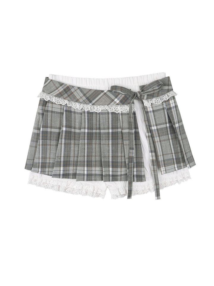 Gray Plaid Lace Trim Pleated Mini Skirt