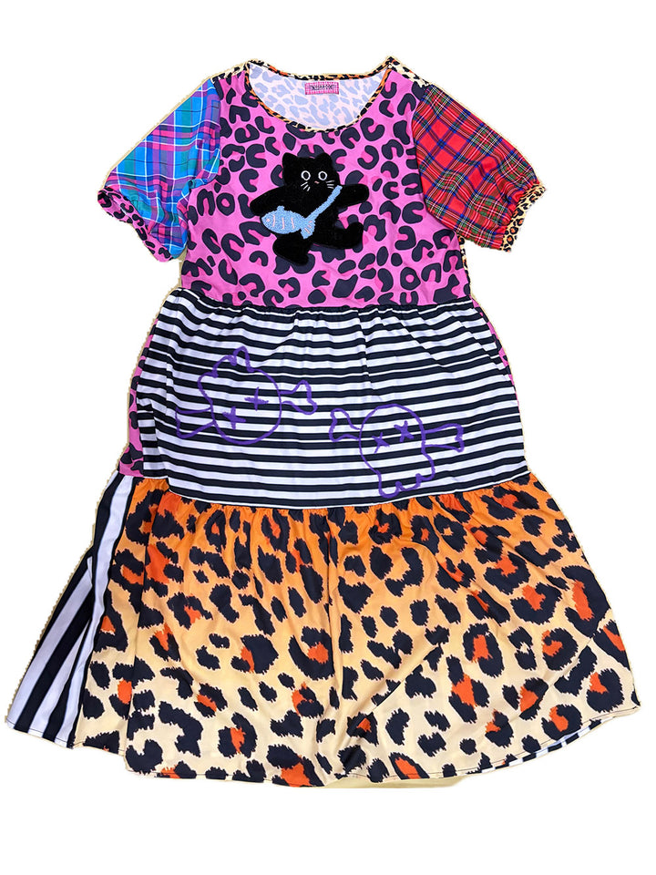 Pink Leopard Cat Patchwork Midi Dress