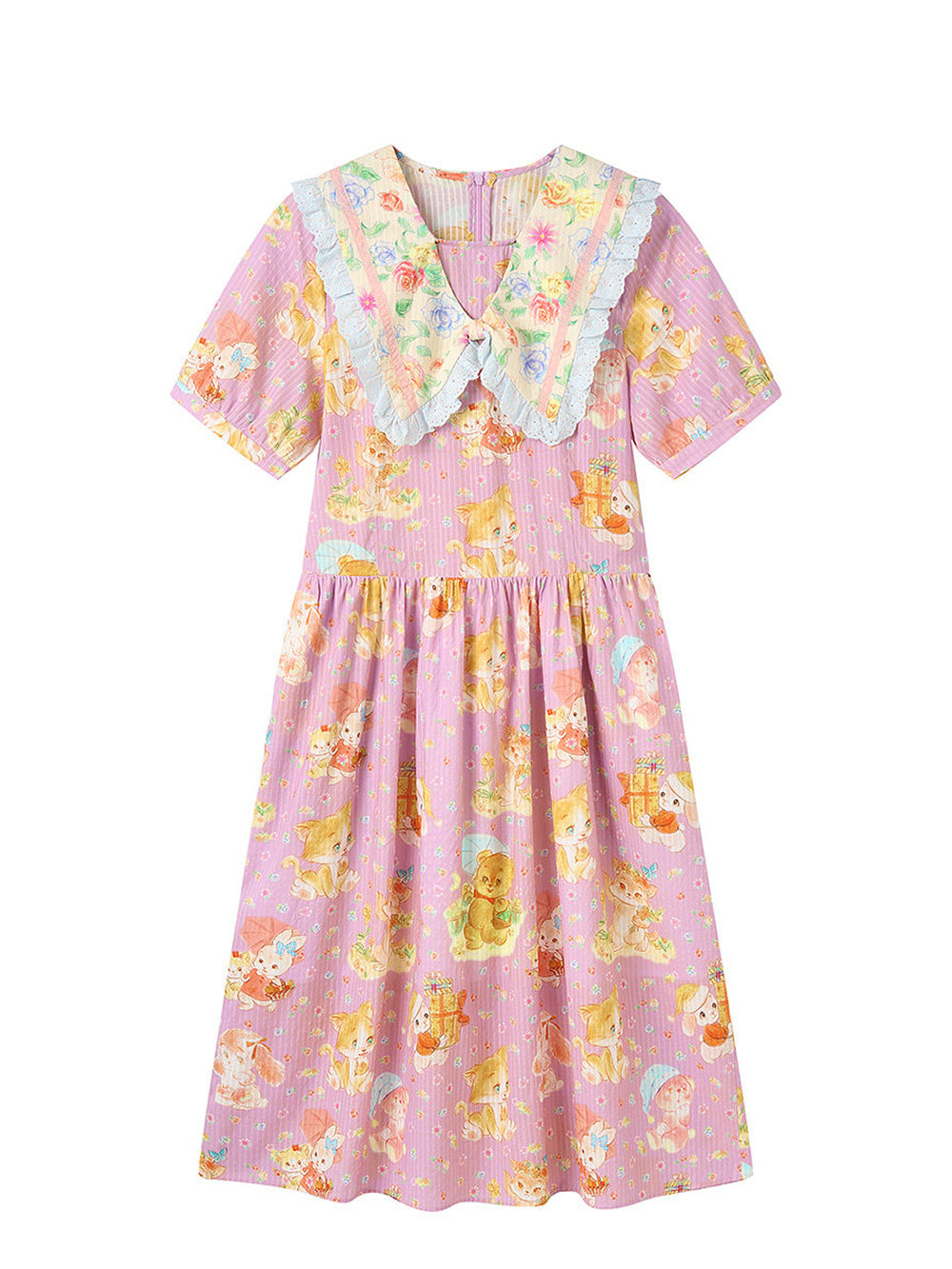 Pink Animal Print Sailor Collar Midi Dress