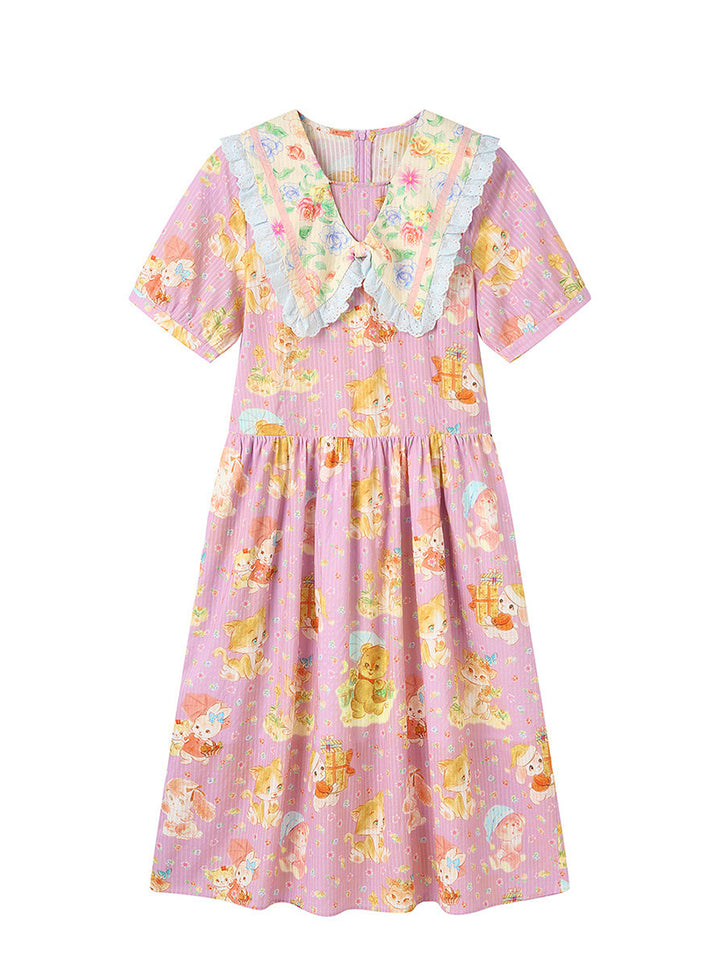 Pink Animal Print Sailor Collar Midi Dress