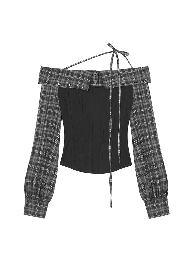 Subcul Grunge Plaid Off-Shoulder Corset Top