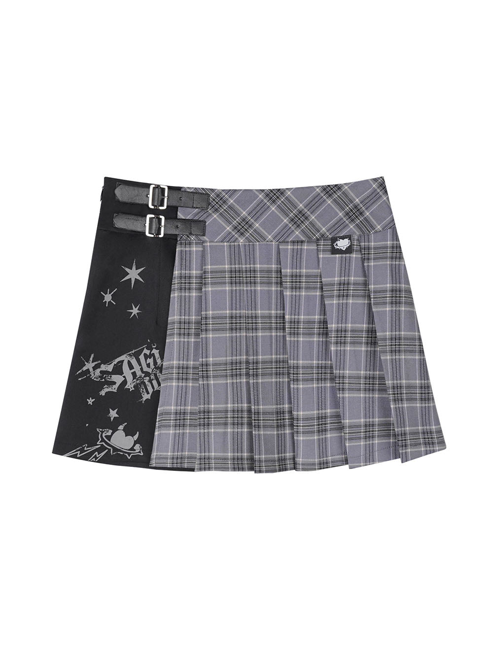 Gray Plaid Buckle Panel Pleated Mini Skirt